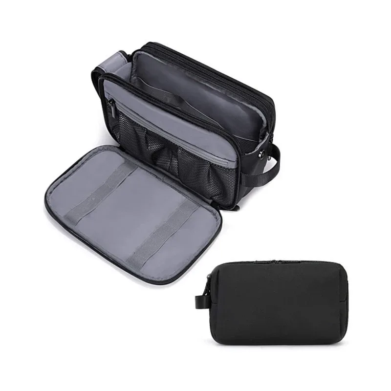 trousse polyester noire organisée voyage cosmétique rasoir maquillage humidifiant sècheporte ordonnancement bouteille pliante extensible