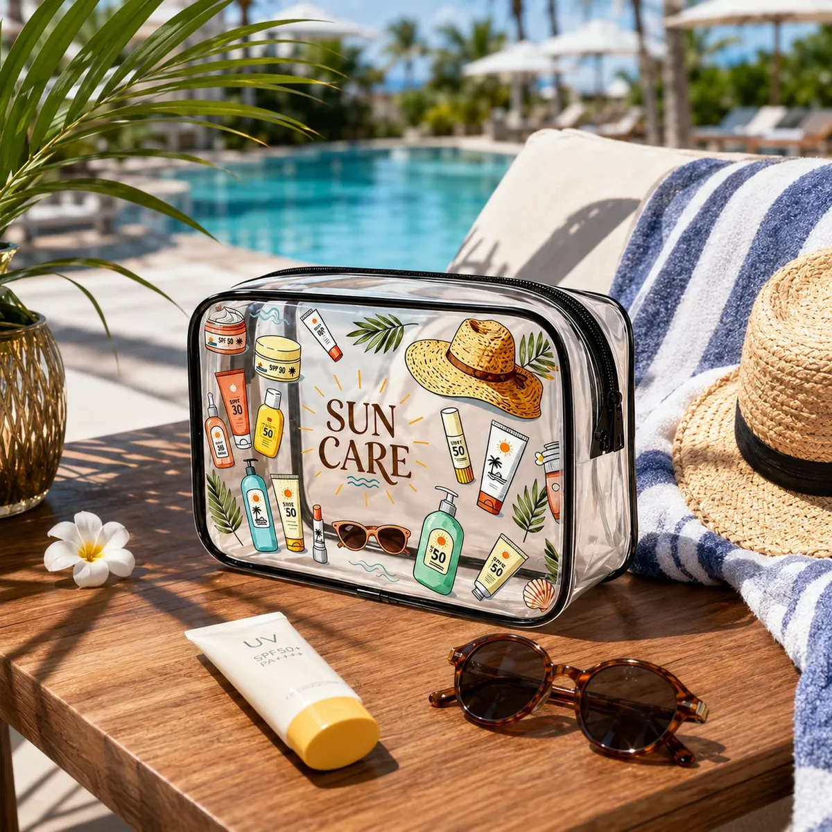 trousse de toilette transparente en pvc pour soins solaires, pochette de rangement étanche pour maquillage de voyage, idéale pour la plage, la crème solaire et les soins de la peau