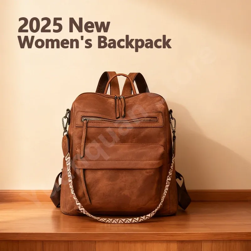 sac à main en cuir pu imperméable et antivol pour femmes, grande capacité, rétro, voyage, collège, sac à dos pour ordinateur portable, sac à bandoulière