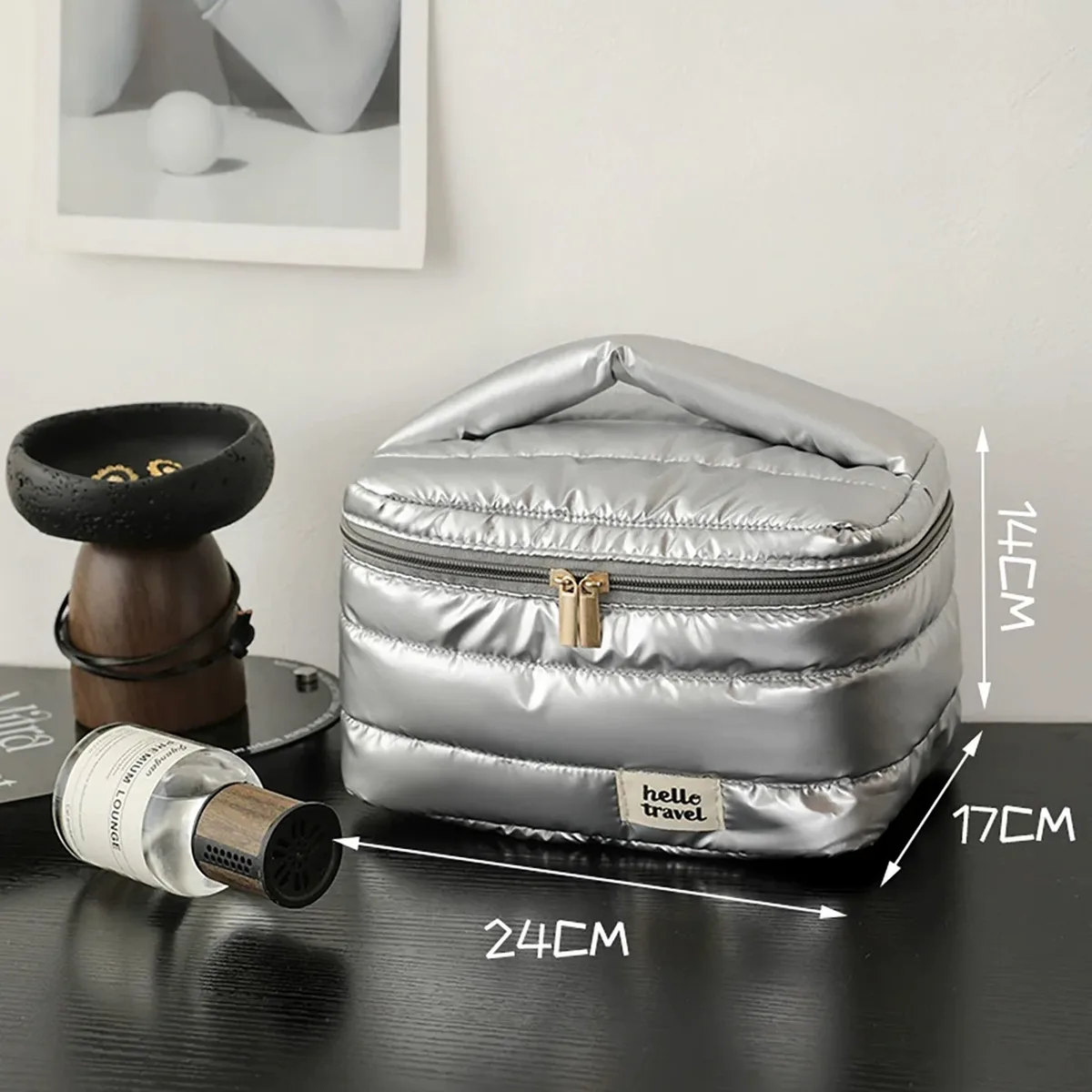 trousse de maquillage puffer, organisateur de voyage, sac de rangement cosmétique léger avec fermeture éclair, trousse de toilette portable pour femmes