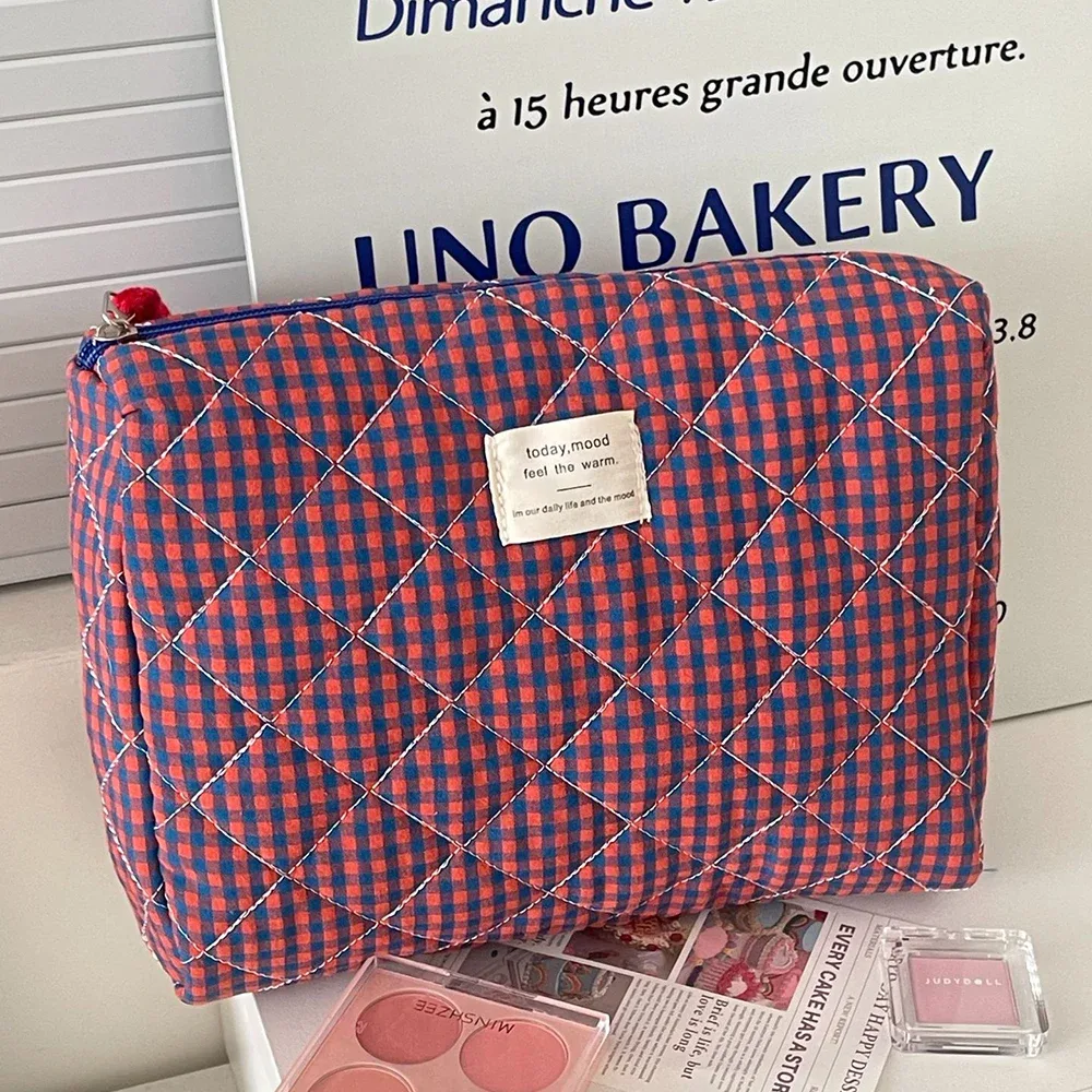 trousse polyester décontractée plaid violet rose orange bleu beige noir géométrique voyage cosmétique toile douce