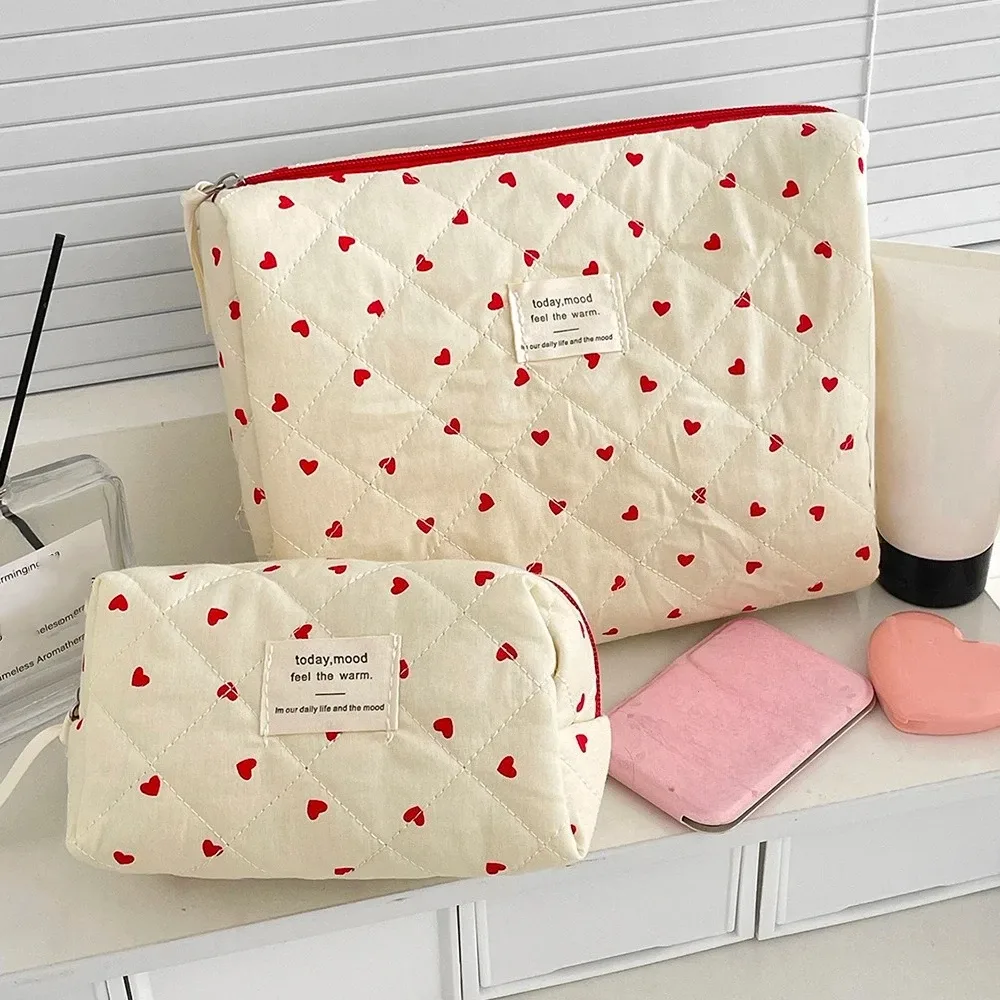 mode ins coeur femmes quilting sac de maquillage grande capacité toilette cosmétique pochette de rangement sac à main dames fermeture éclair sac de maquillage