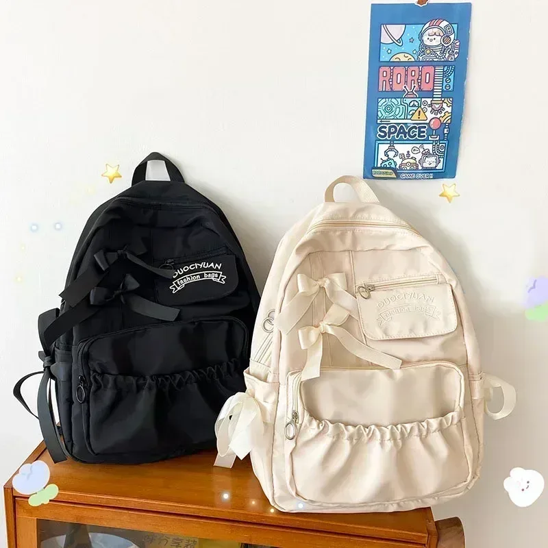 sac dos nylon beige blanc poche ouvrée broderie préppy grande capacité voyage école adolescente femmes