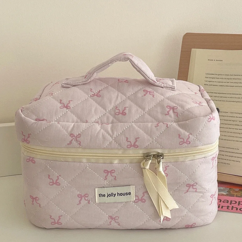 sac de toilette matelassé rose fraise pour femme, pochette de rangement portable pour maquillage et articles de toilette, sac à main zippé pour dames