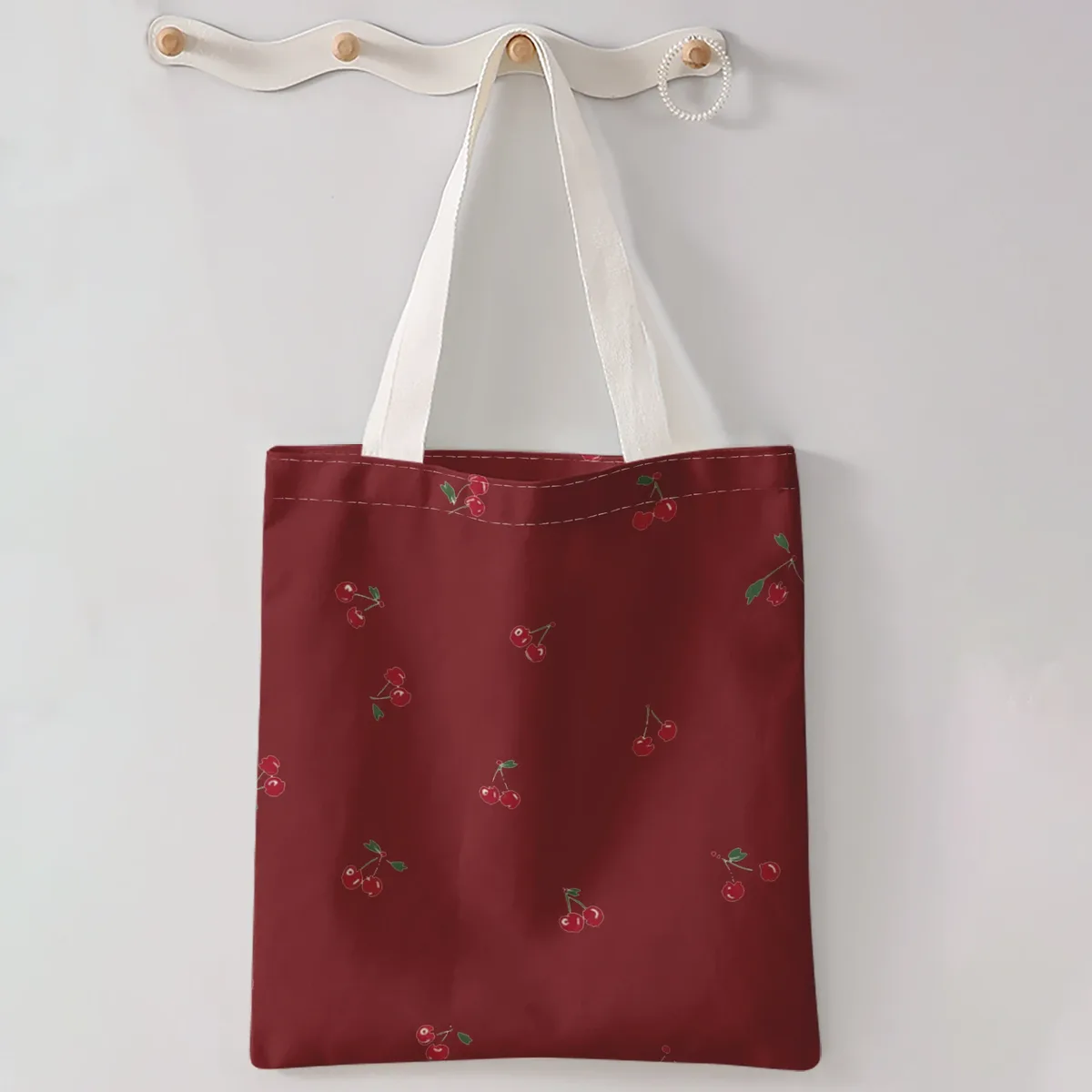 sac à main décontracté imprimé motif cerises, sac à dos réutilisable et tendance, sac à main multifonctionnel, sac de shopping en toile