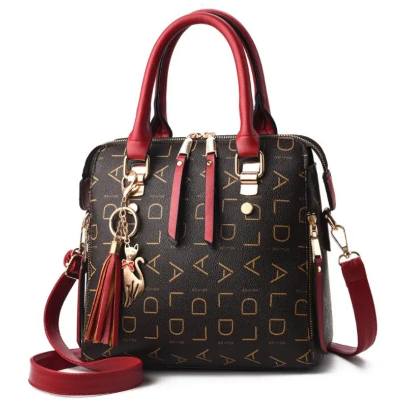 sac à main en cuir pu avec lettres anglaises pour femmes, sac à poignée supérieure avec pompon, sac à bandoulière de luxe de grande capacité, fourre-tout design