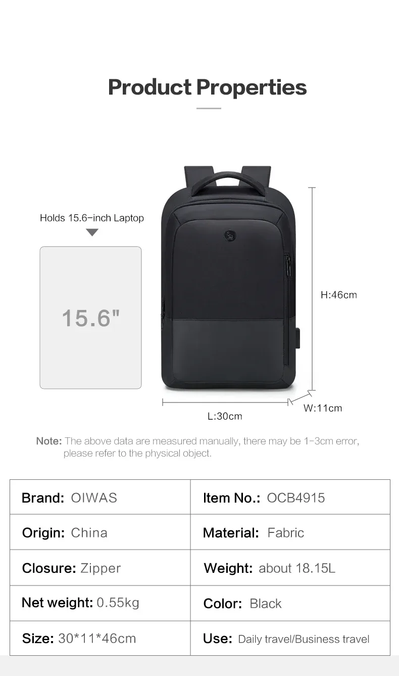 oiwas sacs à dos pour ordinateur portable imperméable en nylon 18l sac à bandoulière décontracté voyage sac à dos d'affaires pour hommes comprenant un port de chargement usb