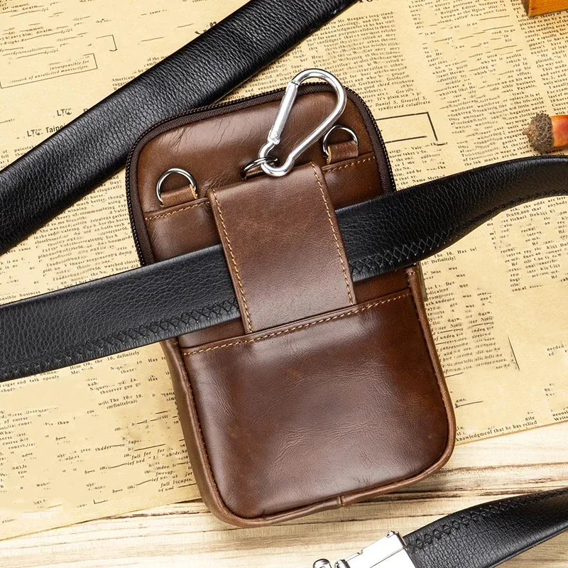 sac banane en cuir véritable authentique pour homme, style usé avec crochets, sacoche pour téléphone