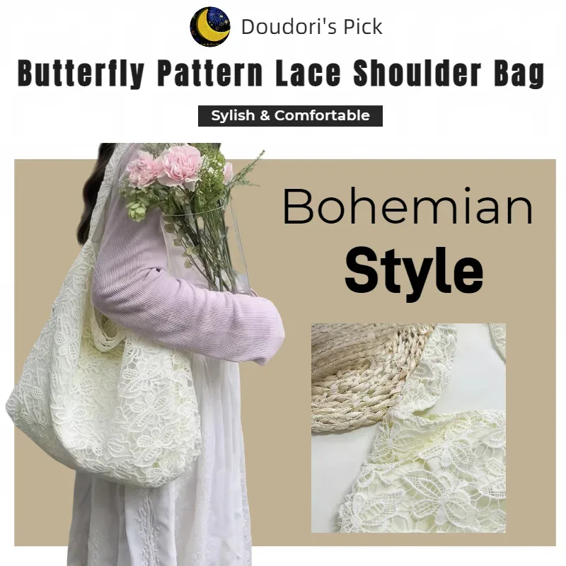 sac à main de plage grande capacité en dentelle tissée à motif papillon style bohème printemps-été pour étudiants et employés de bureau, sac à bandoulière, sac fourre-tout