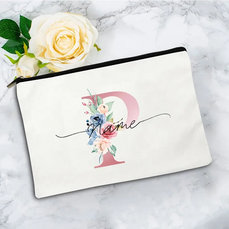 trousse de maquillage personnalisée rose à motifs floraux avec initiale, pochette cosmétique en toile personnalisée, organisateur de voyage pour articles de toilette pour femmes
