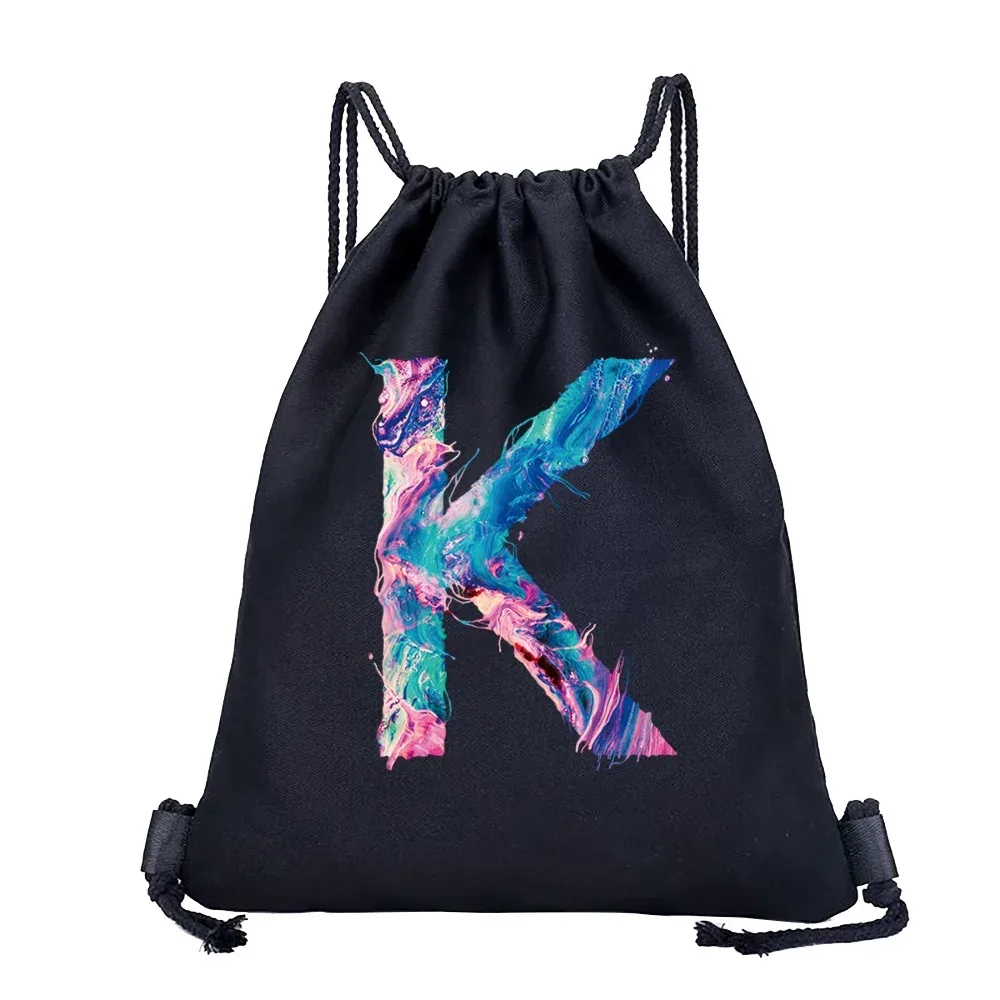 sac dos lin noir motif multicolore compact pliable cordon serrage poignées souple grande capacité sports plein air harajuku polyvalent