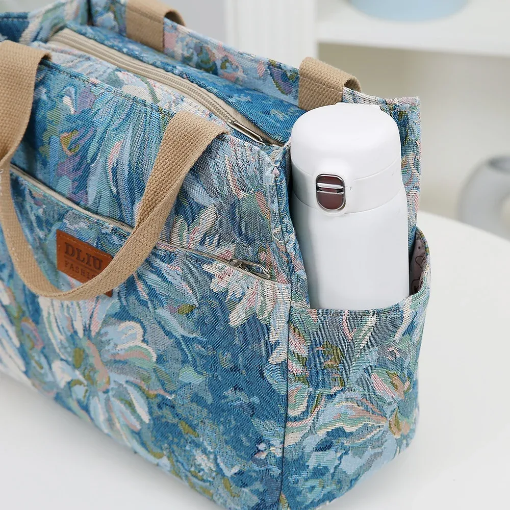 nouveau sac à main en tissu épais de grande capacité, sac fourre-tout, sac de shopping, sac polyvalent, sac à lunch, sac bento, motif floral