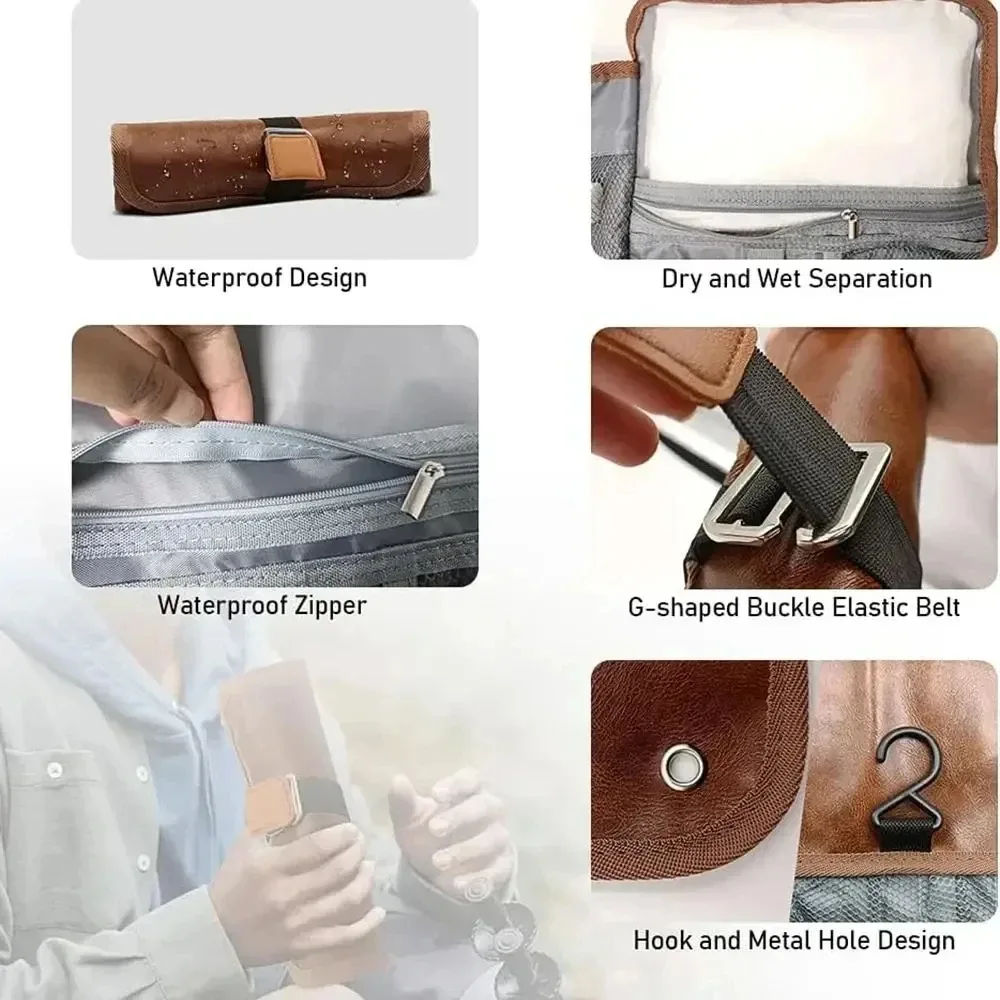 trousse de toilette suspendue pour homme en cuir pu résistant à l'eau, trousse d'hygiène personnelle universelle, trousse de toilette enroulable, essentiels de voyage