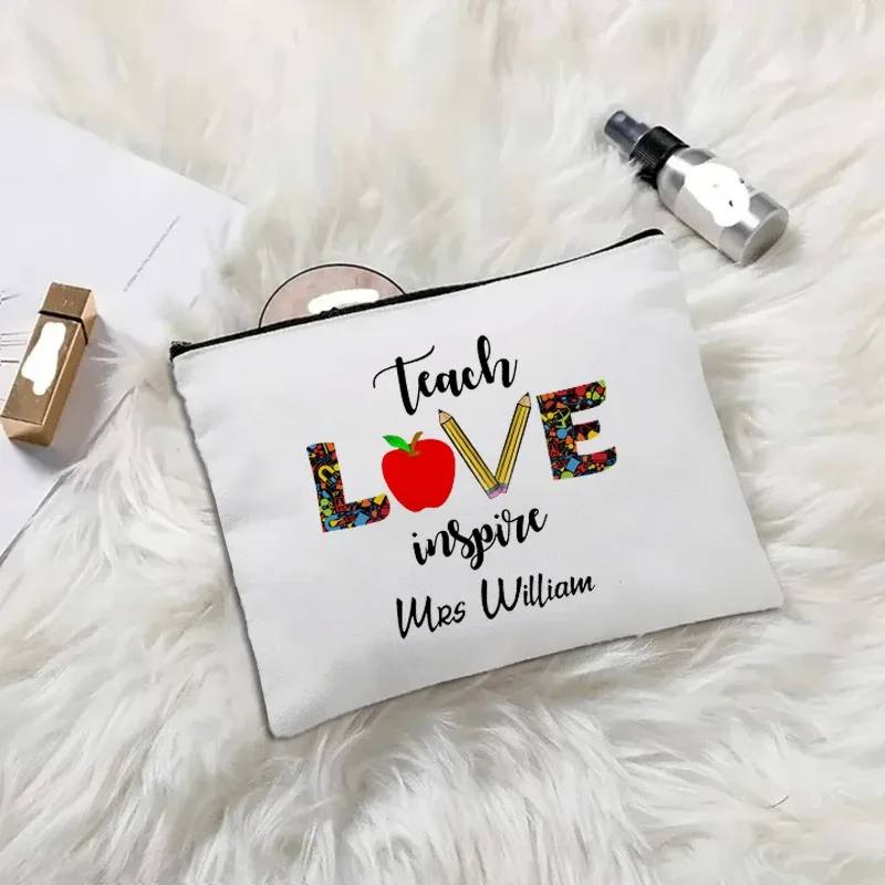 trousse de maquillage en toile "appréciation des enseignants", "aimer enseigner inspirer", pochette cosmétique mignonne avec fermeture éclair, organisateur de toilette portable pour voyage