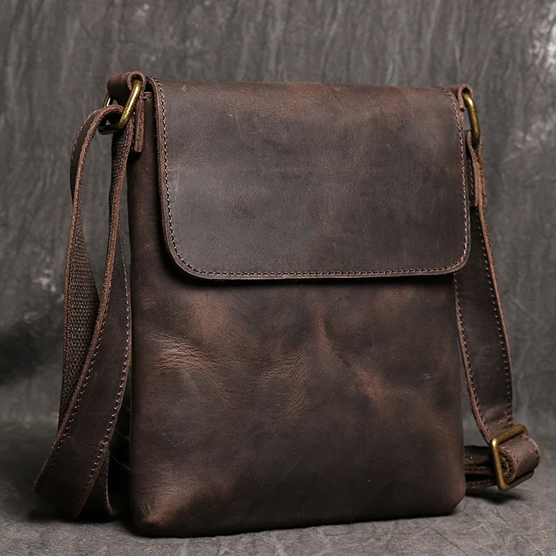 sac à bandoulière vintage en cuir véritable foncé, sac pour téléphone, sac à bandoulière en cuir de vache pour hommes, sac pour ipad de 7.9 pouces