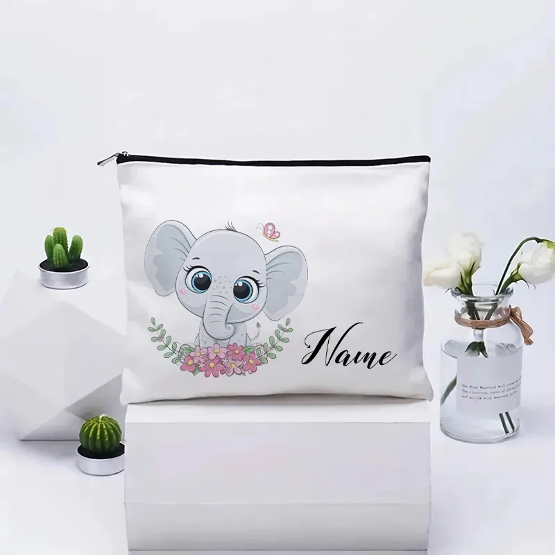 vente flash : grande trousse à maquillage en toile avec motif d'éléphant mignon, essentiels de voyage pour anniversaire d'enfants, trousse de maquillage avec nom personnalisé