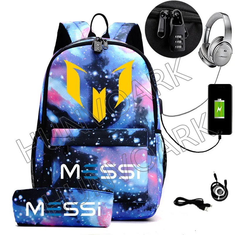 sac dos toile noir motif géométrique bleu blanc compartiment interne ceinture air usb adolescents école