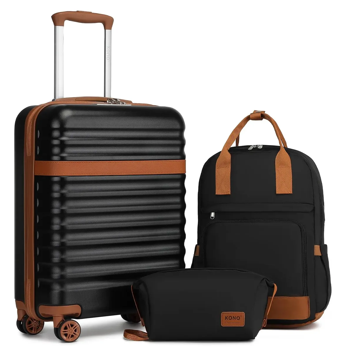 ensemble de étuis rigides kono – étui robuste en abs + pc avec 4 rouleaux de verrouillage tsa, inclus. sac à dos de voyage et trousse de toilette 3 pièces