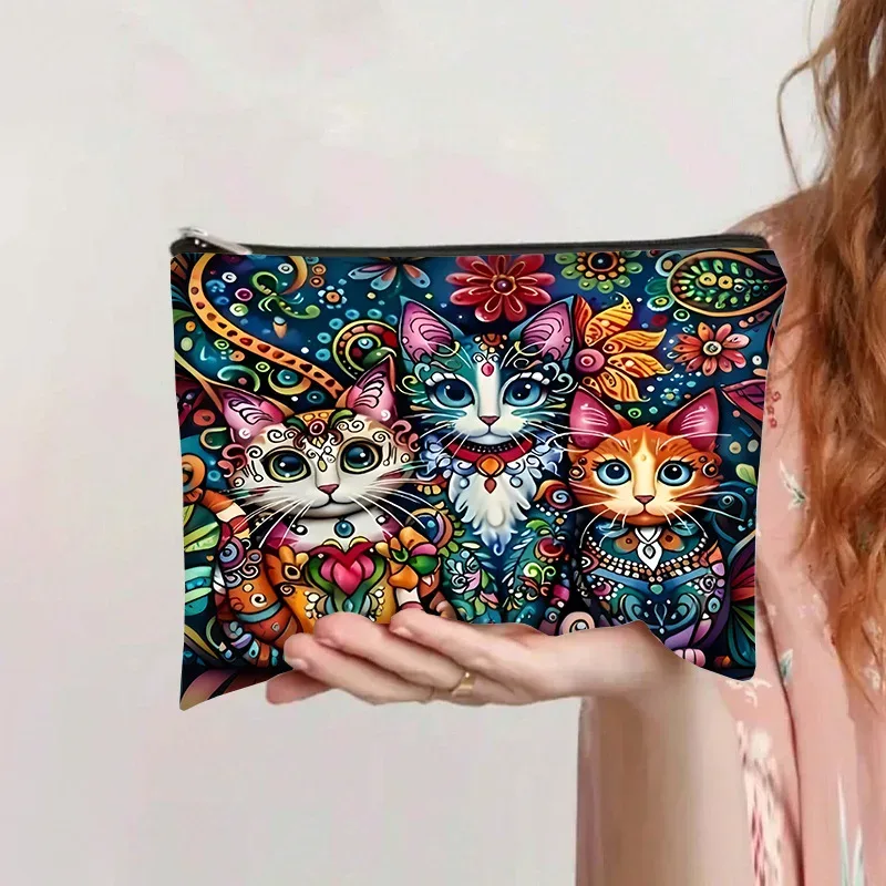 trousse de maquillage rétro chat, pochette de rangement de cosmétiques en toile de grande capacité, trousse de toilette portative avec fermeture éclair pour organisateur personnel