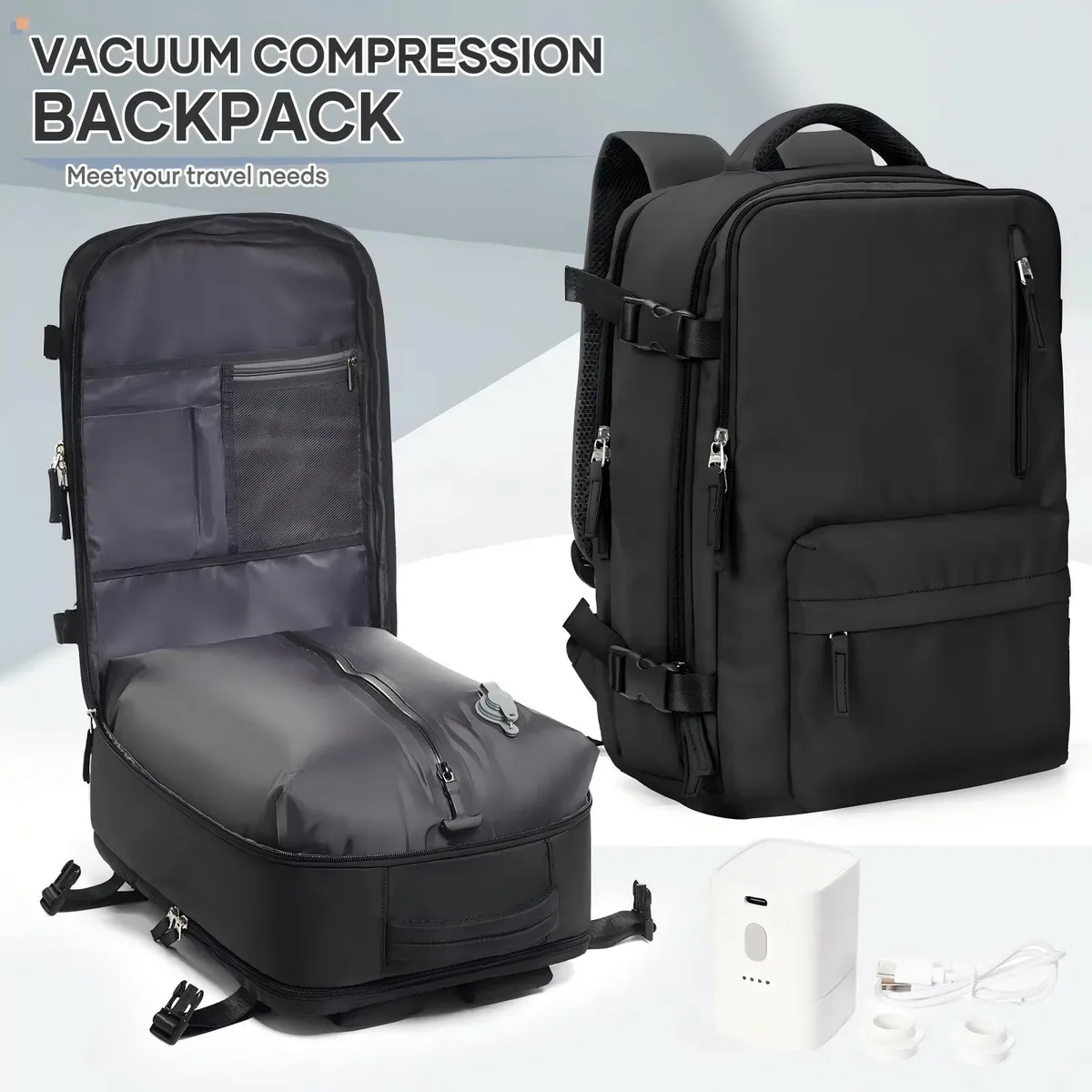 Sac Dos Nylon Unisexe Noir Compression Integree Compartiment Ordinateur Portable Poche Humide Ceinture Air Décontracté Solide