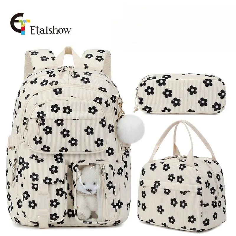 sac à dos d'université en velours côtelé, 3 pièces, avec sac à déjeuner, trousse à crayons, mignon fille, école, imprimé fraise, ensemble de sac à dos pour adolescentes et femmes