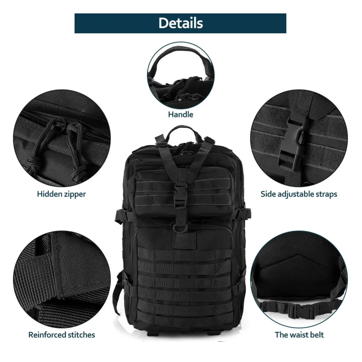 sac dos oxford université polyester 36 55 litres noir bandes horizontales poche lateral webbing voyage extérieur