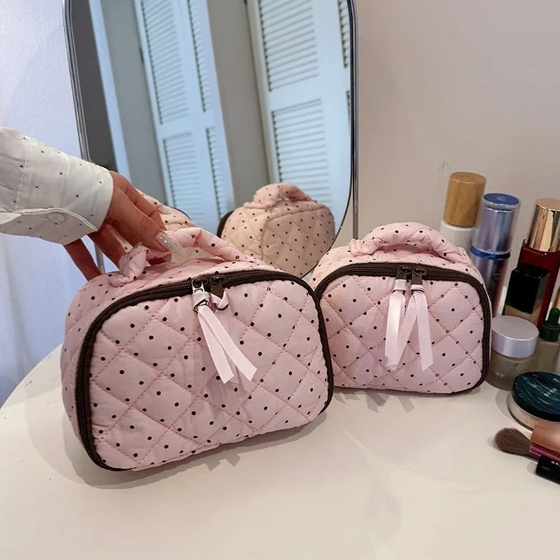 pochette de maquillage pour femme à pois, en coton matelassé, motif imprimé, sac de rangement pour maquillage, trousse de toilette de voyage