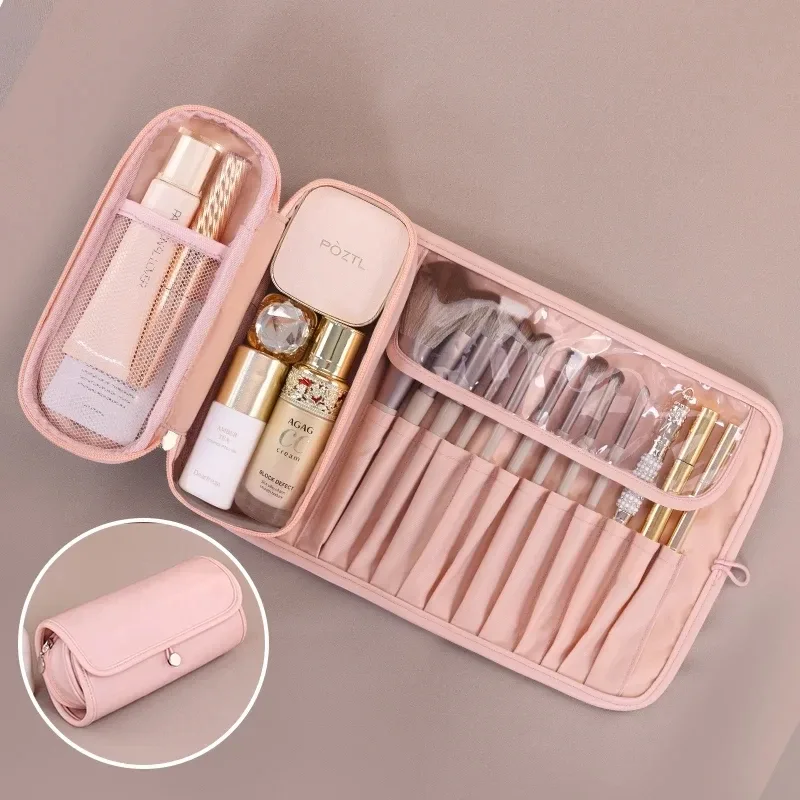organisateur de pinceaux de maquillage pour femmes, pochette de rangement de maquillage de voyage étanche, trousse à cosmétiques portable de grande capacité