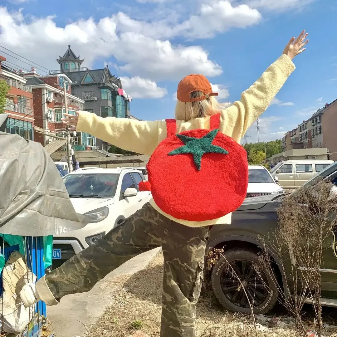 sac à dos en forme de tomate unisexe, sac à dos à fourrure haute capacité, style de rue coréen, doux et à la mode