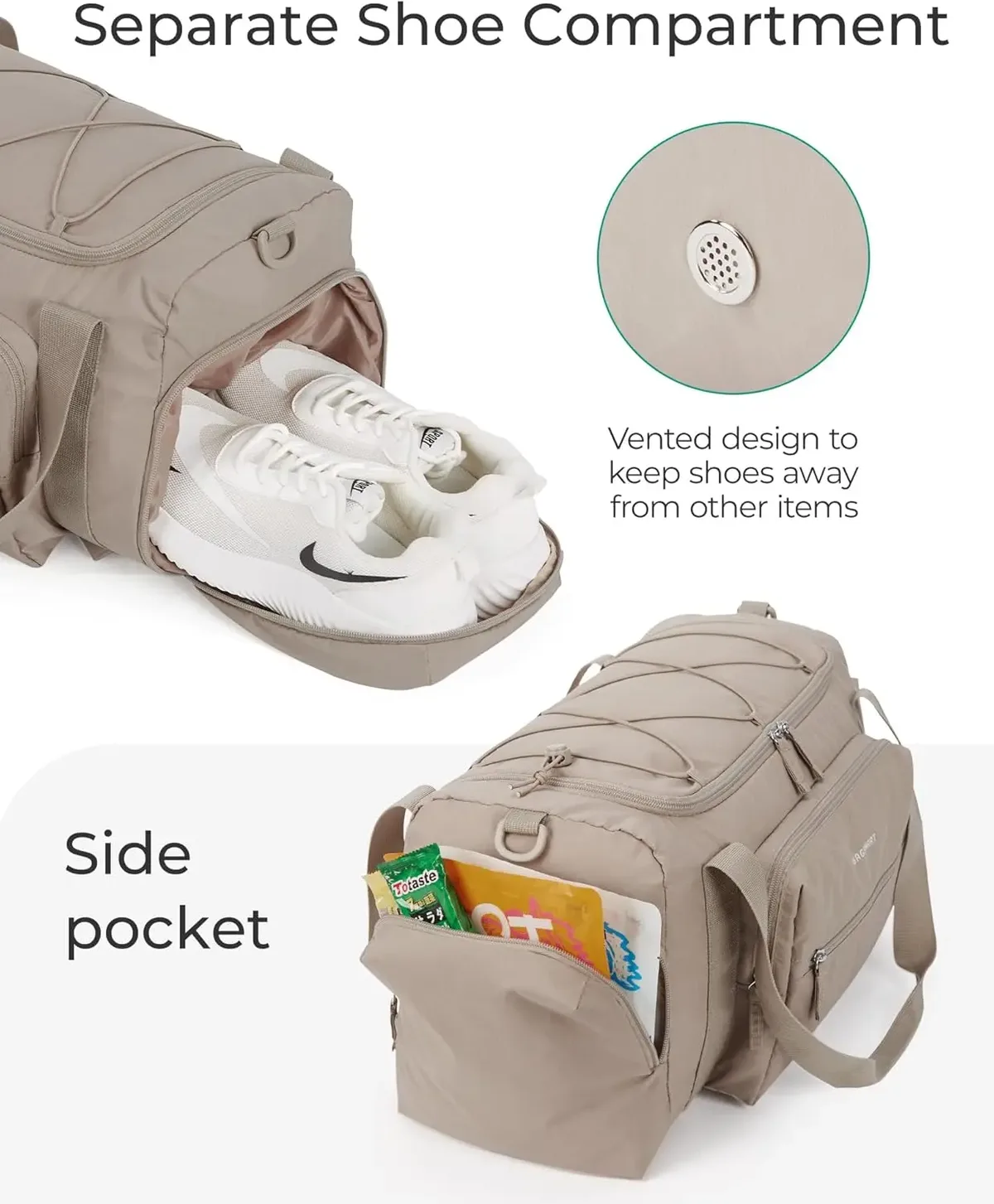 sac voyage polyester beige multipoches grande taille compartiment chaussures respirant sport week end travels