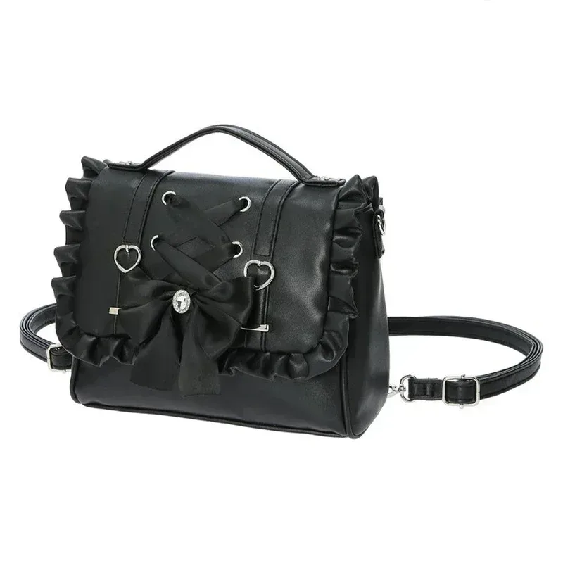 sac en cuir pu sweet lolita, sac à bandoulière avec nœud en cœur, style scolaire kawaii y2k jk, rose blanc noir, cadeau kawaii pour filles