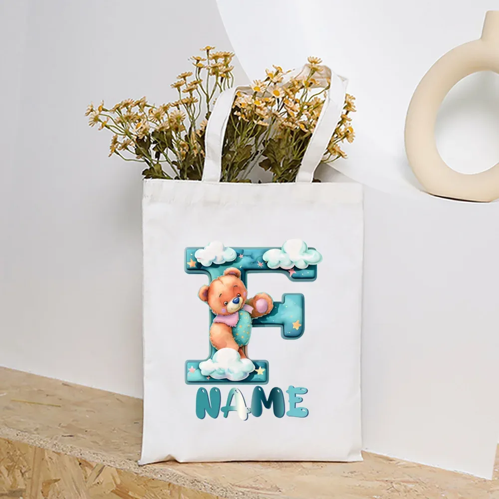 sacs fourre-tout en toile college nuage ours et alphabet personnalisés, sacs à main personnalisés de grande capacité, cadeaux de portabilité pour la rentrée scolaire