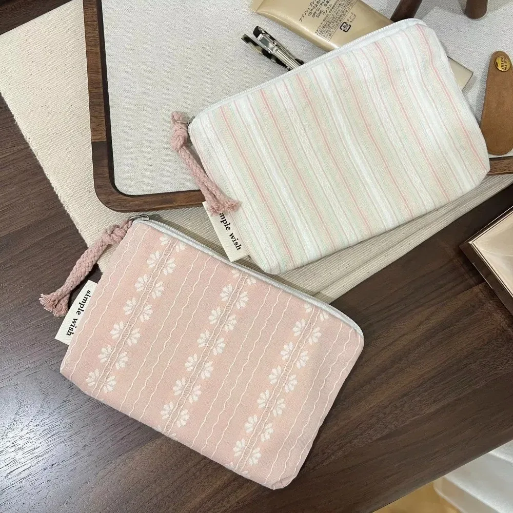 sac de maquillage portable rayé rose pour femmes, sac cosmétique multifonctionnel portable, mini porte-monnaie pour clés, cadeau