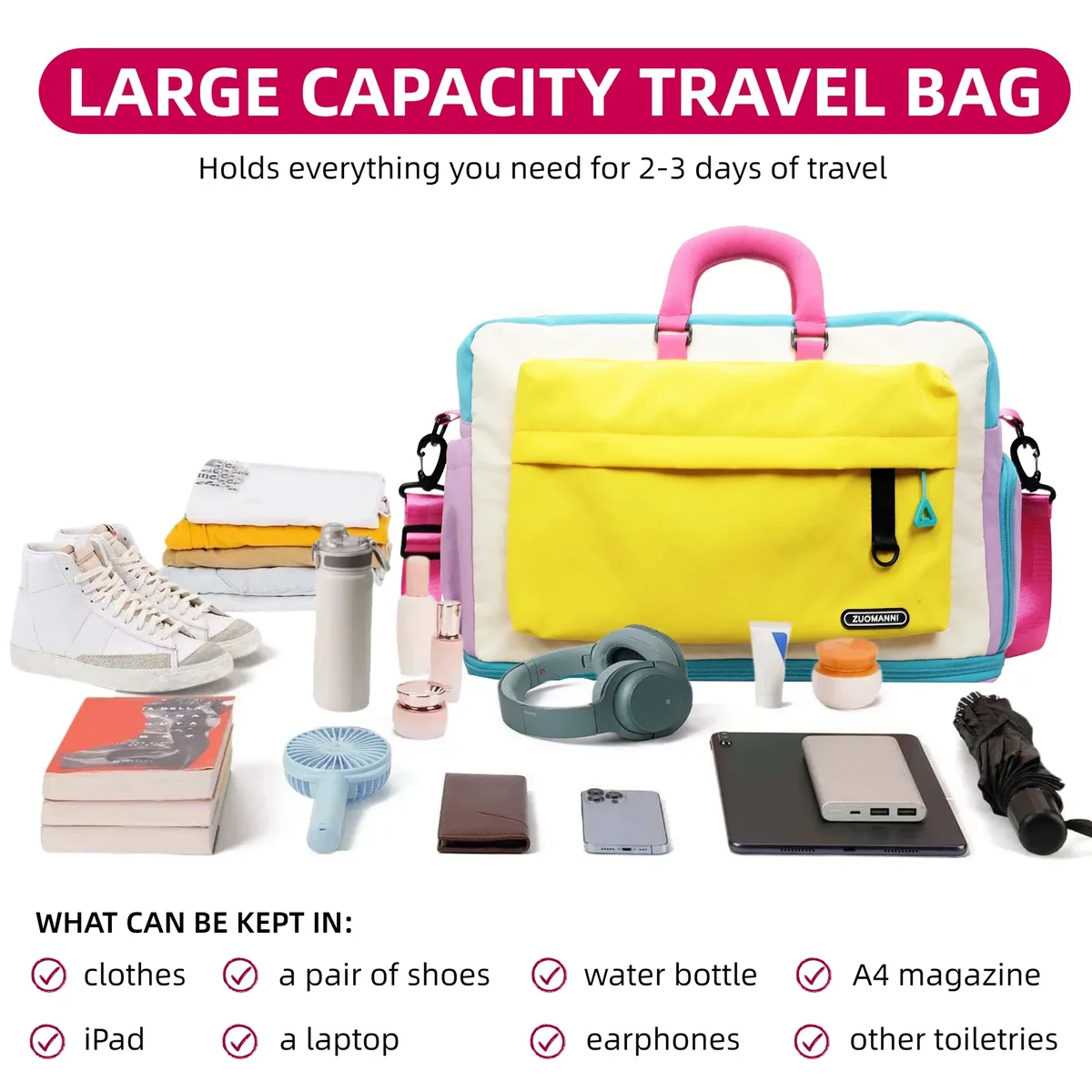 sac de voyage dopamine color block, sac de sport avec compartiment à chaussures indépendant pour le fitness, le yoga, les courts voyages et les escapades de week-end
