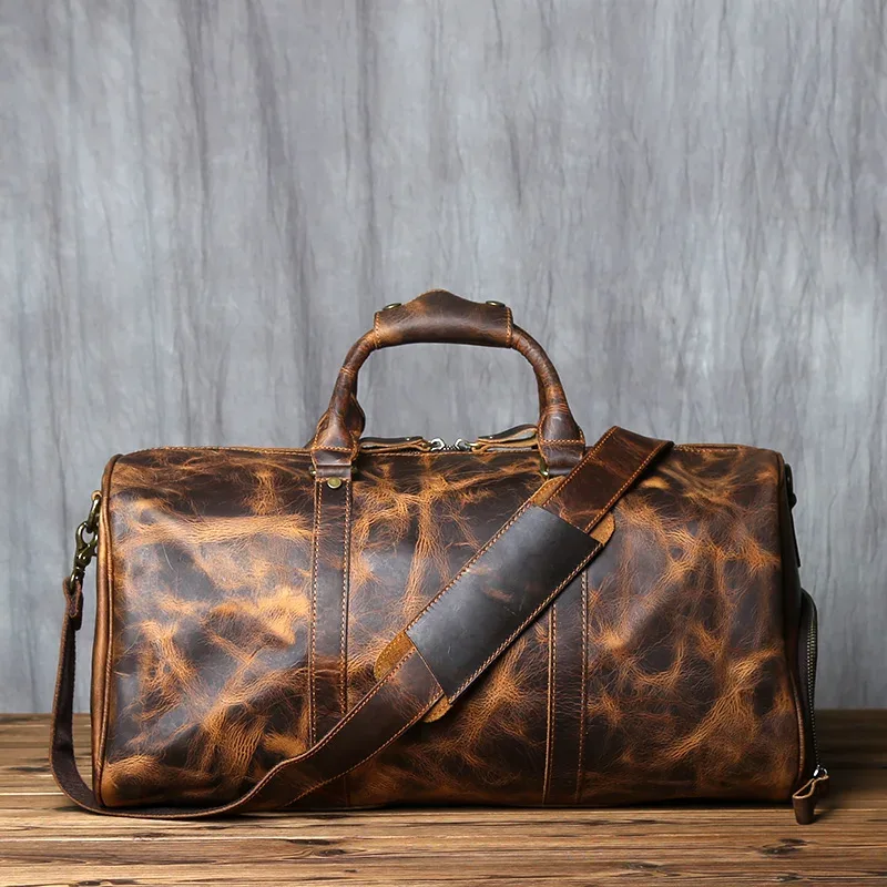 nzpj sac de voyage rétro en cuir pour hommes première couche de peau de vache sac de voyage de grande capacité sac à main de voyage d'affaires sac à bandoulière