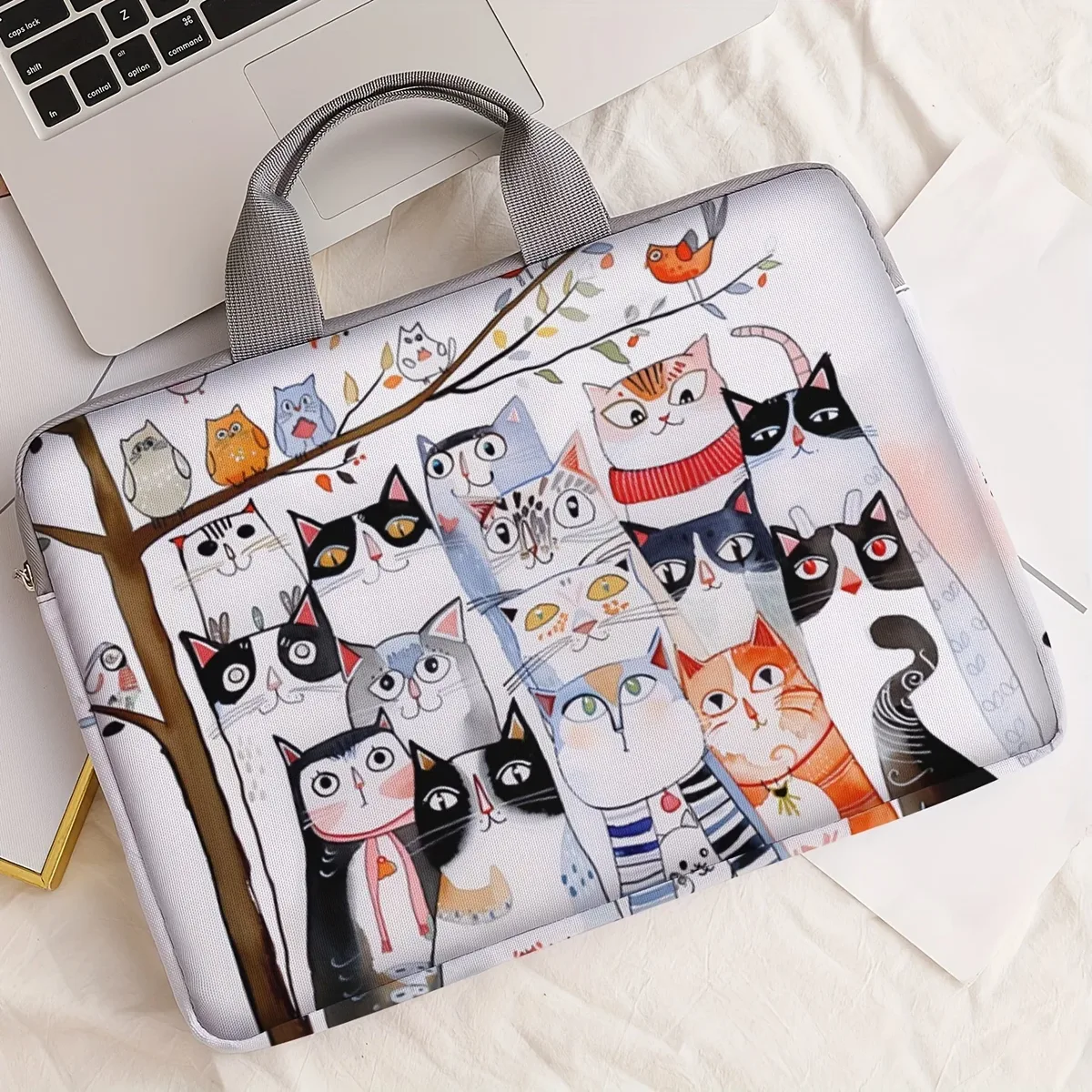 sacoche polyester motif chats oiseaux blanc doublure polyester fermeture éclair adapté ordinateur portable voyage business classement verifié porte documents