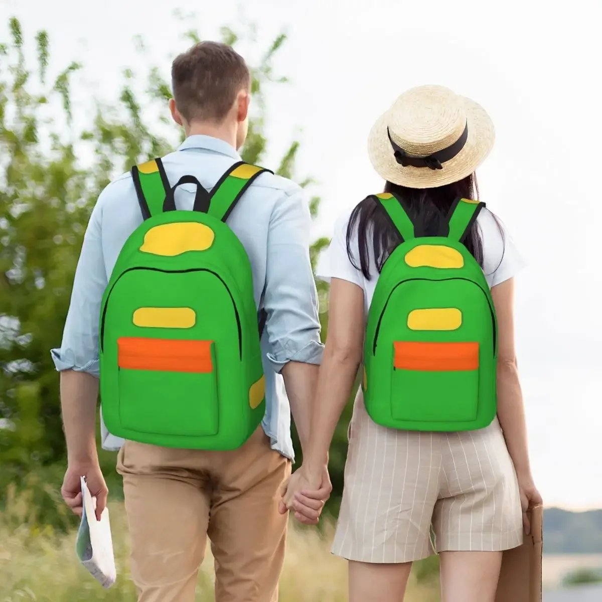 sac dos toile polyester dessin animé vert bandes jaunes orange poches latérales arrière avant école voyage