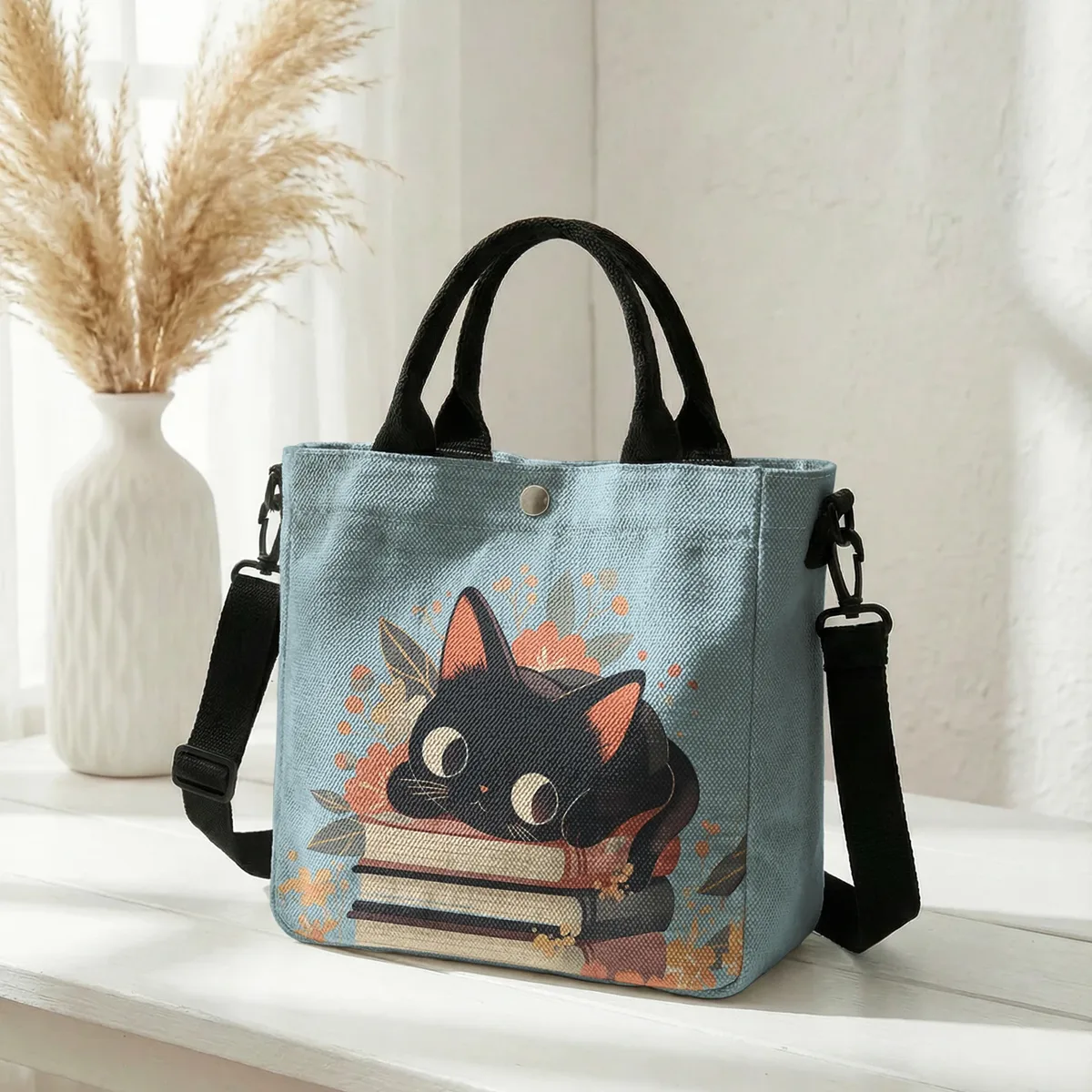 sac fourre-tout à imprimé floral avec chat noir mignon empilé sur des livres, sac à bandoulière détachable pour femme, idéal pour le shopping quotidien