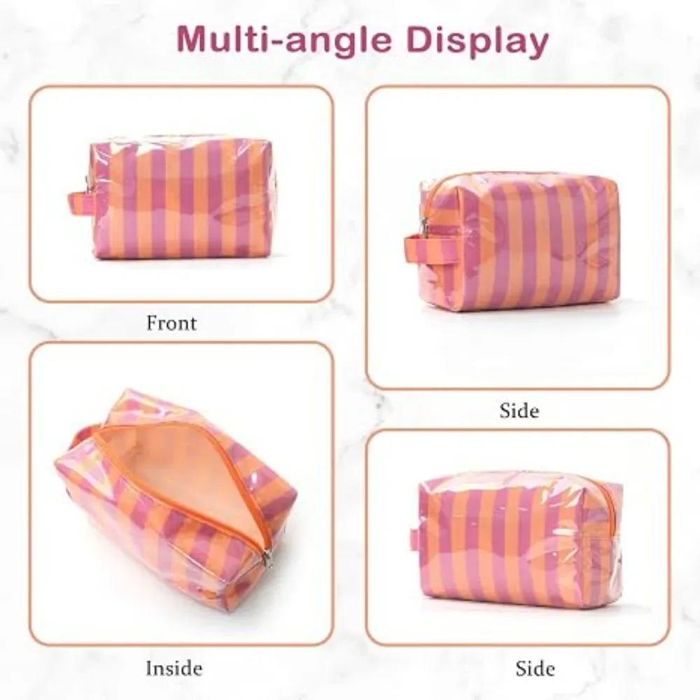 sac de maquillage imperméable à rayures en pvc transparent avec revêtement |   pochette de rangement de voyage mignonne et facile à nettoyer avec fermeture éclair pour les essentiels de vacances à la plage