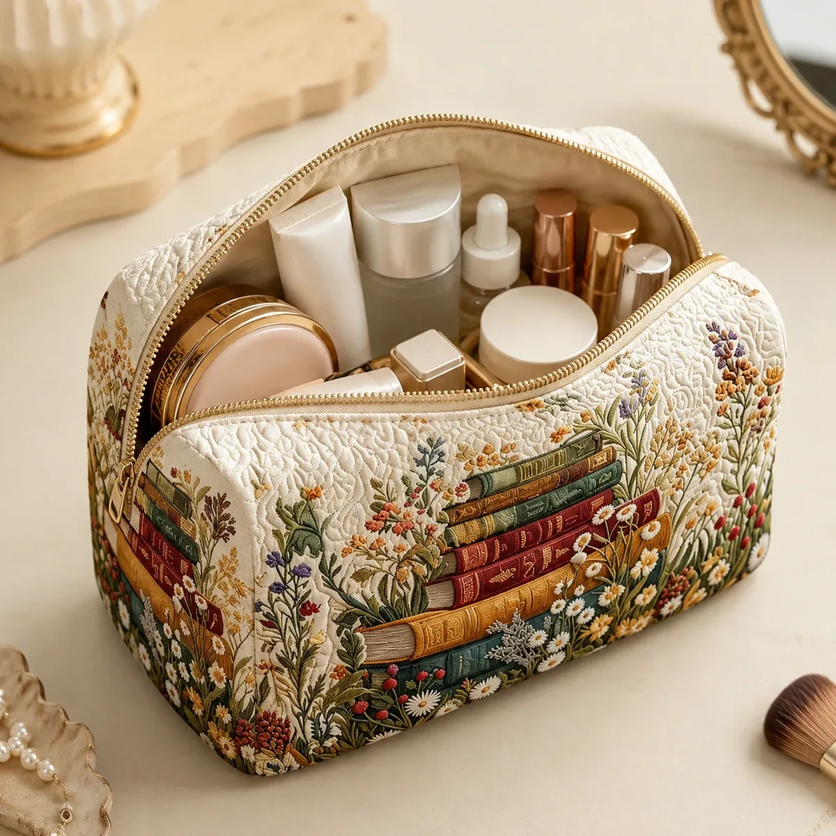 trousse de maquillage vintage motif floral, pochette portable matelassée, organisateur de toilette, trousse de voyage, sac de rangement