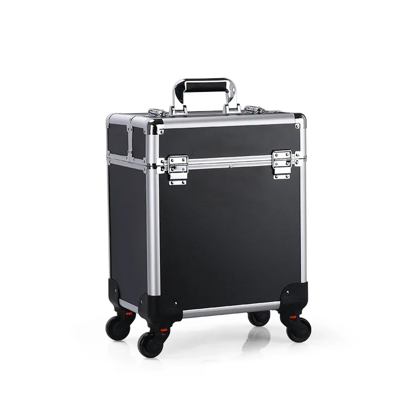 trousse de maquillage roulante en aluminium, organisateur de salon de cosmétiques verrouillable, boîtier de chariot avec plateaux