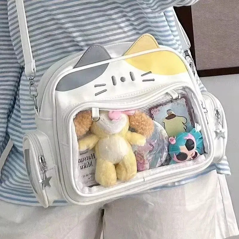 sac à dos chat argenté du japon y2k, sac d'école ita pour adolescent mignon, sac de voyage à poche transparente pour filles douces, femmes et garçons