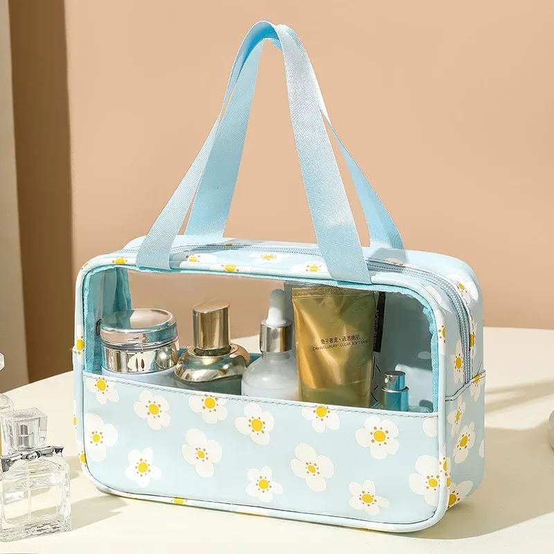 4 pièces sac de maquillage en pvc fleur imprimé sac à main de lavage transparent pochette cosmétique de voyage étanche trousse de toilette pratique porte-monnaie