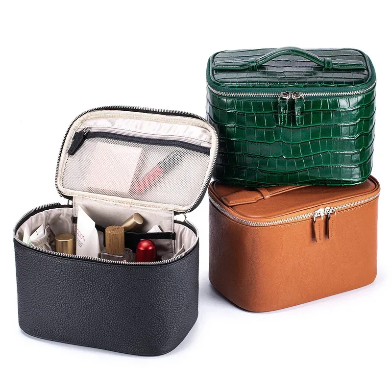 sac à cosmétiques de luxe haut de gamme en cuir de vachette de qualité supérieure, sac de rangement compartimenté de grande capacité, trousse de toilette portable pour femme
