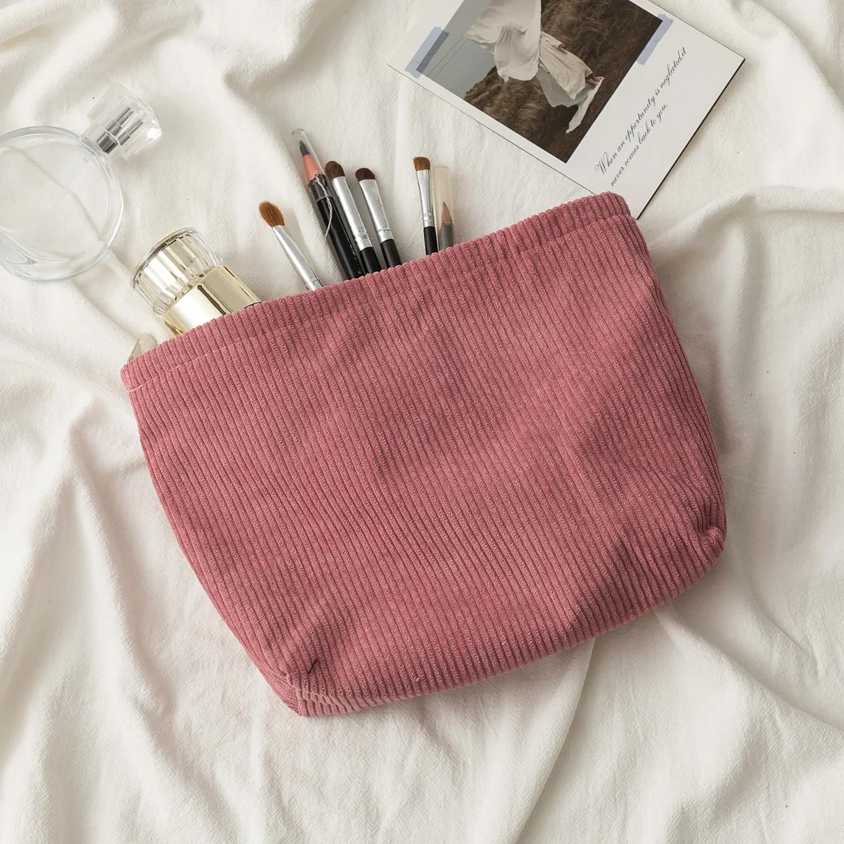sac à cosmétiques en velours côtelé pour femmes, organisateur de maquillage coréen de couleur unie, pochette de toilette de voyage, trousse de beauté