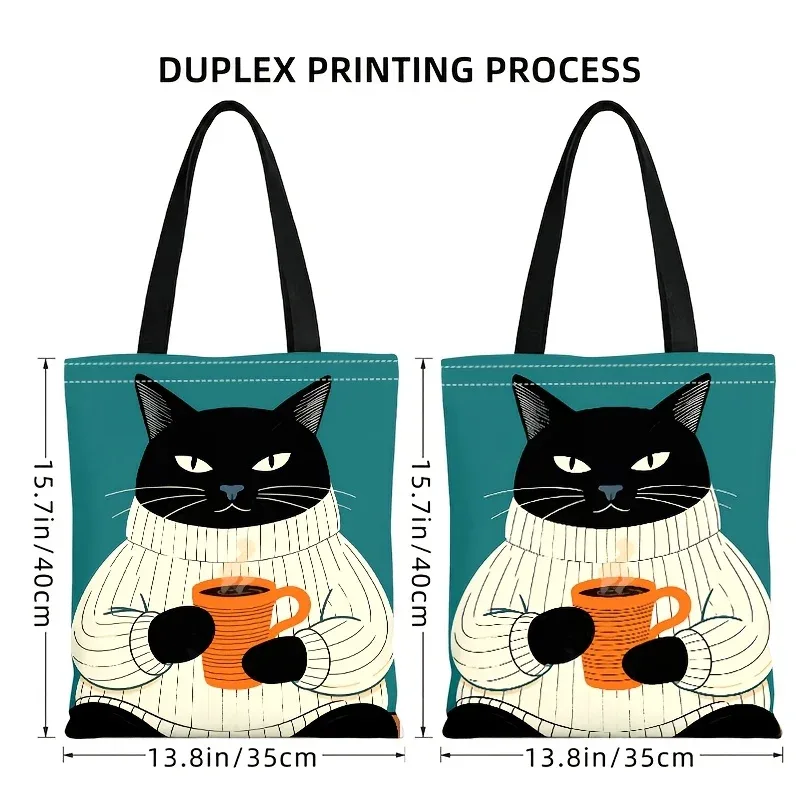 sac fourre-tout en toile avec motif de chat noir amusant et tasse à café, chat de dessin animé en pull, sac à main réutilisable pour femmes, grand sac de shopping à bandoulière.