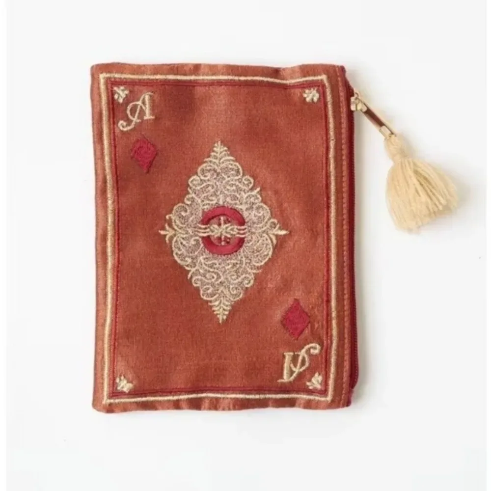 nouvelle trousse à cosmétiques brodée à la main, style ethnique, sac portable pour monnaie et cartes, motif rétro de cartes à jouer, sac de rangement à franges