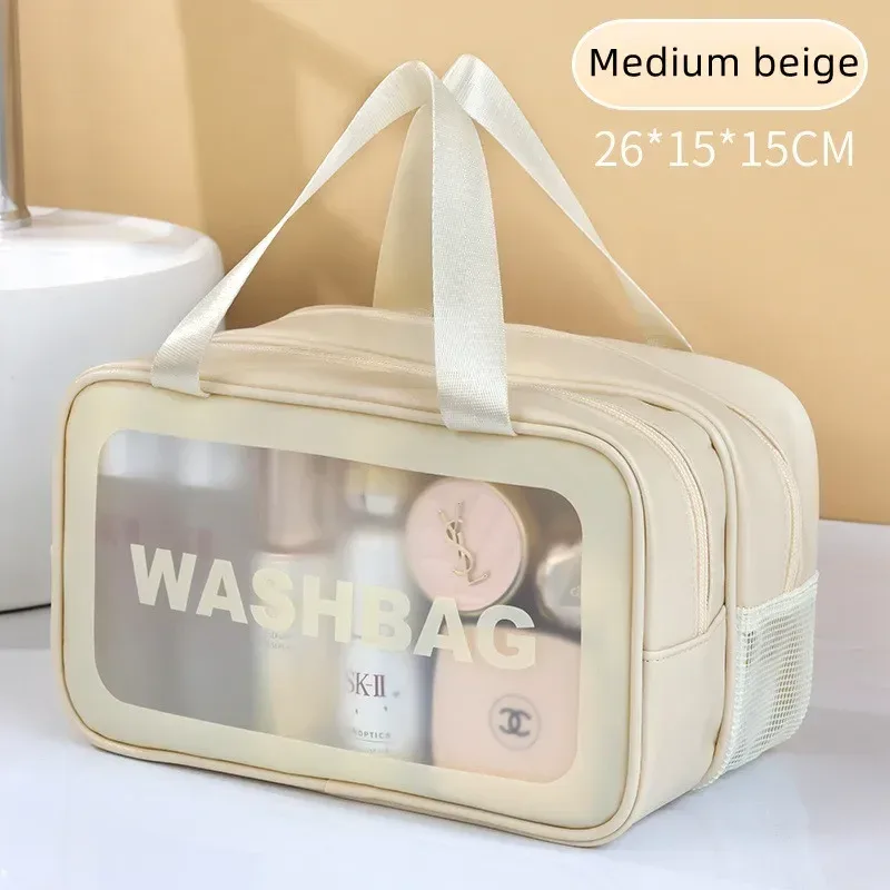 sac de maquillage double transparent en pu avec séparation sec-humide, sac de lavage portable, sac de rangement pour cosmétiques, essentiels de voyage, fitness et natation.