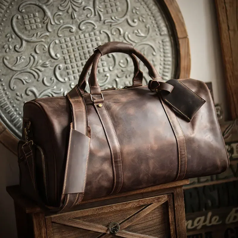 sac de voyage pour hommes en cuir de vache crazy horse, fait à la main, sac de sport pour le week-end, sac à main de grande capacité en cuir véritable