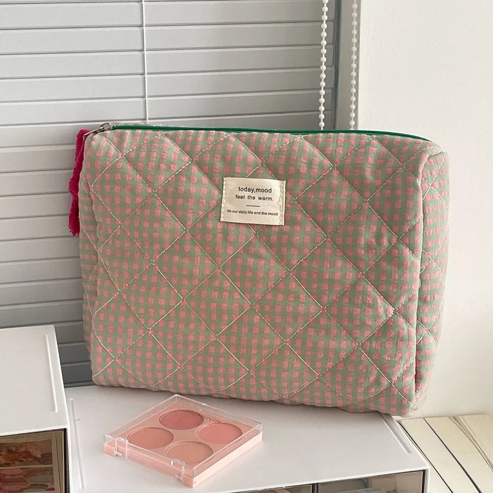 trousse polyester décontractée plaid violet rose orange bleu beige noir géométrique voyage cosmétique toile douce